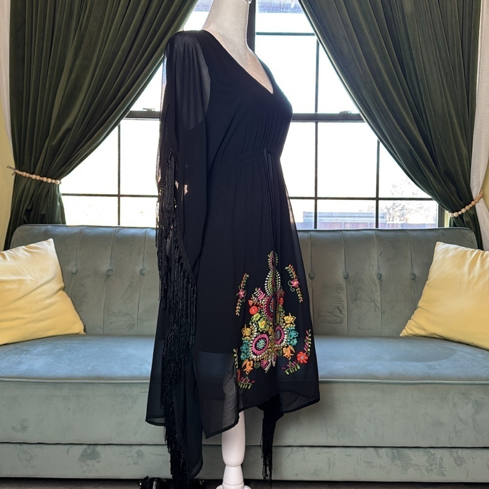 Anthropologie Uncle Frank Black Embroidered Festival Boho Fringe Dress - Picture 4 of 9